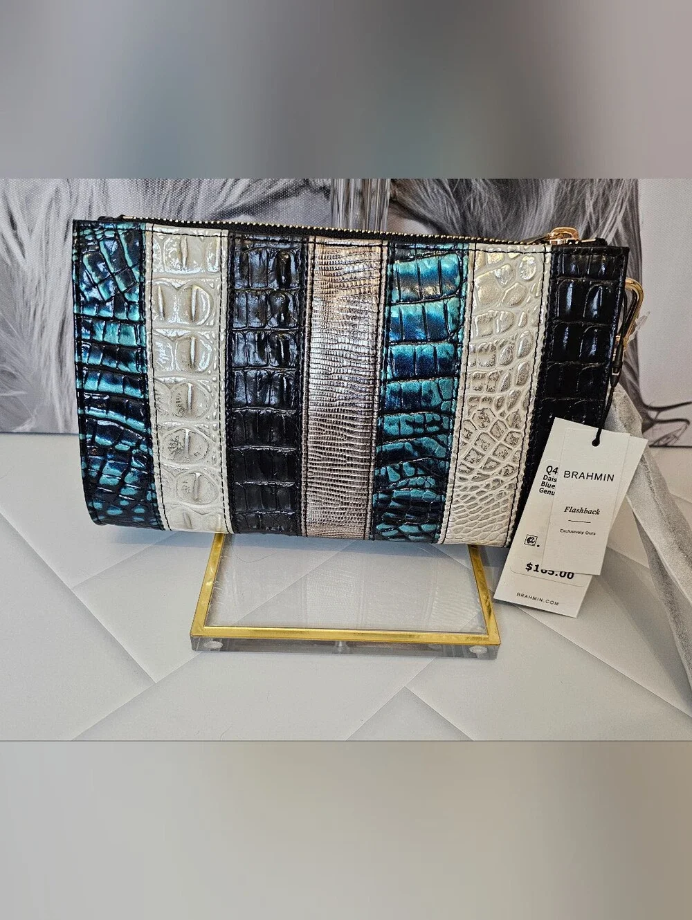 Brahmin Daisy Wristlet Blue Patina Flashback NWT Leather Clutch